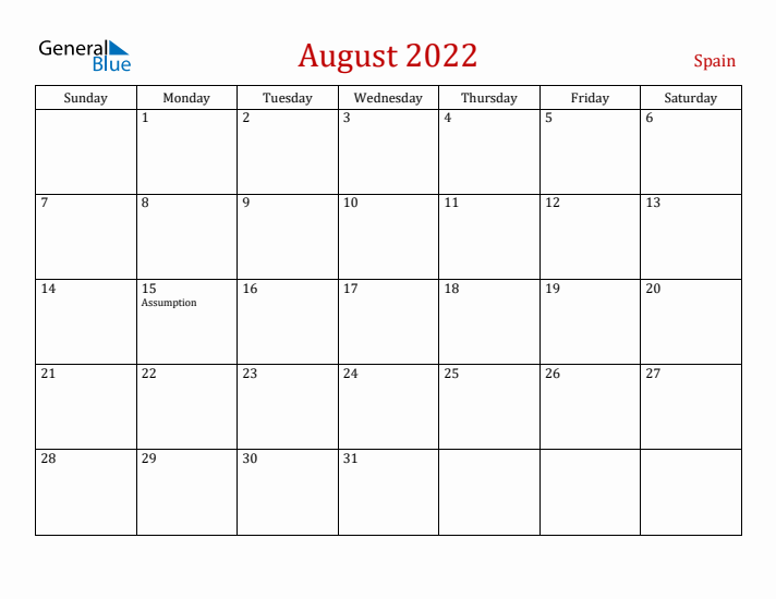 August monthly calendar with spain holidays