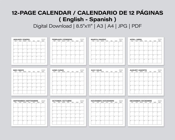 Printable bilingual monthly calendar calendario inglãs