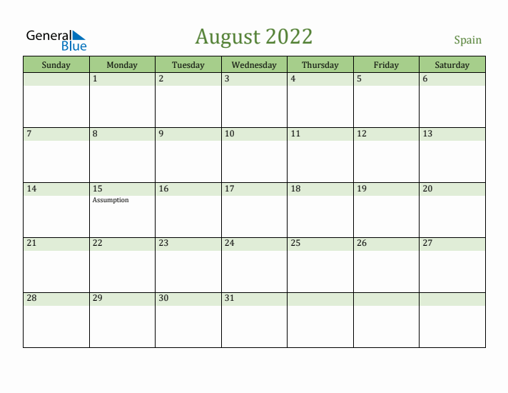 August monthly calendar with spain holidays