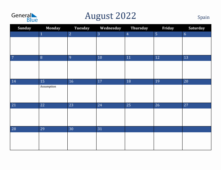 August monthly calendar with spain holidays