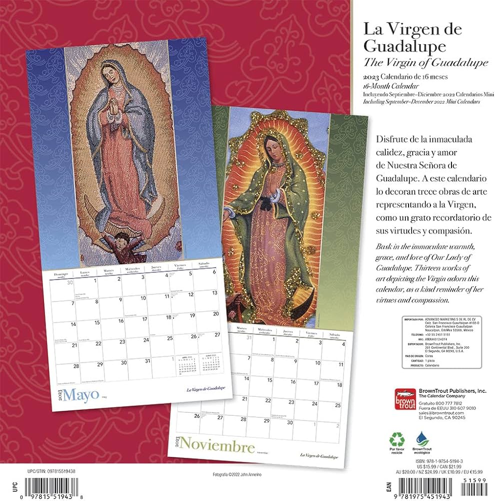 La virgen de guadalupe x inch monthly square wall calendar foil stamped cover englishspanish bilingual browntrout virgin mexico city spanish and english edition browntrout