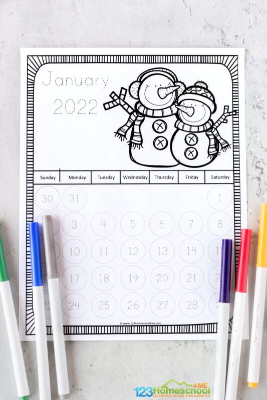 Free printable traceable calendars for kids