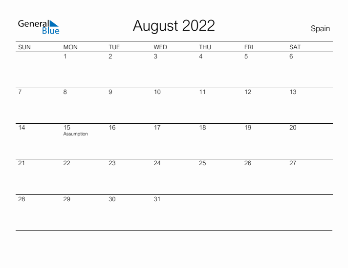 August monthly calendar with spain holidays
