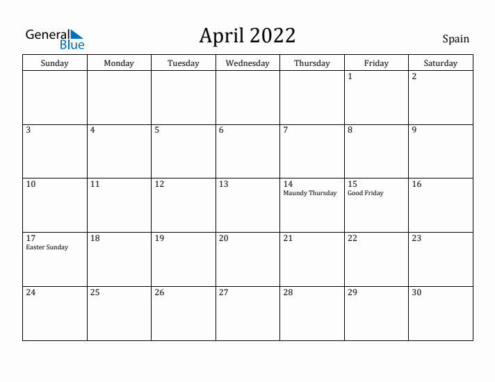 April monthly calendar with spain holidays