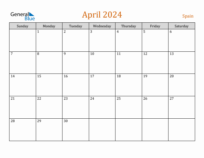 April monthly calendar with spain holidays