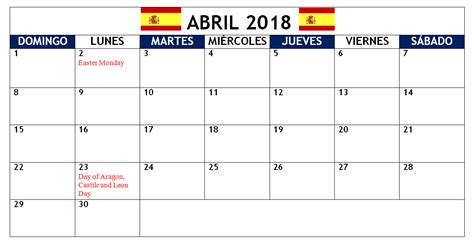 Spanish april calendar