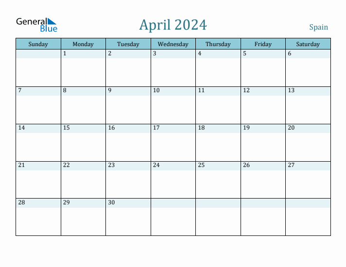 April monthly calendar with spain holidays