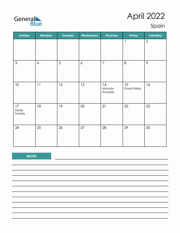 April monthly calendar with spain holidays