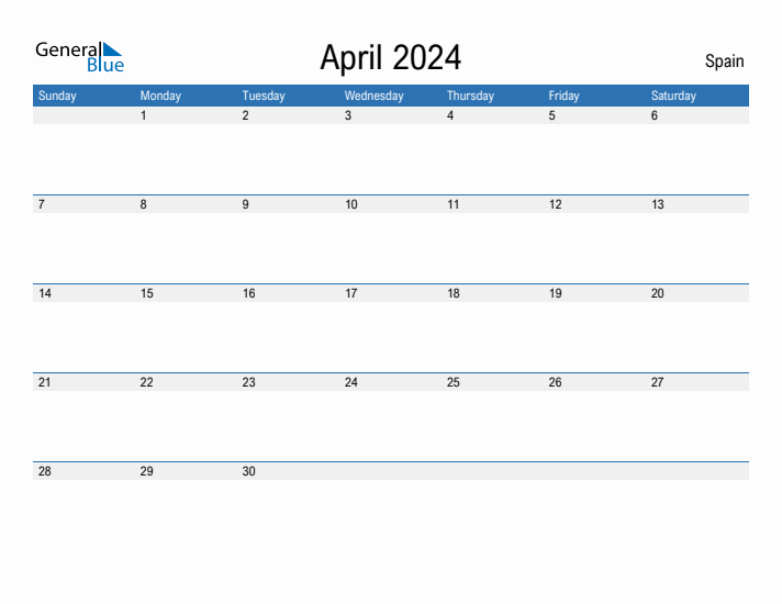 April monthly calendar with spain holidays