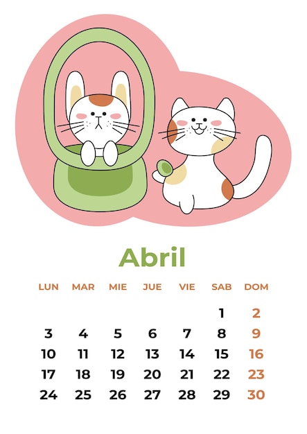 Premium vector april abril calendar sheet in spanish with a rabbit in a basket and a cat with an egg