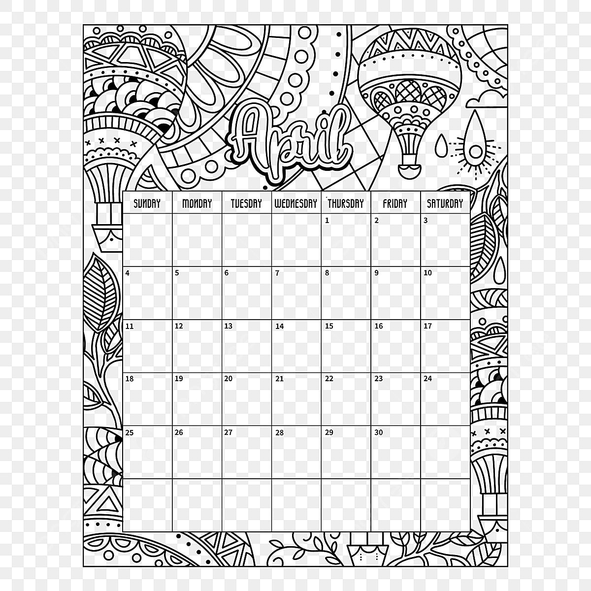 April calendar black and white clipart images for free download