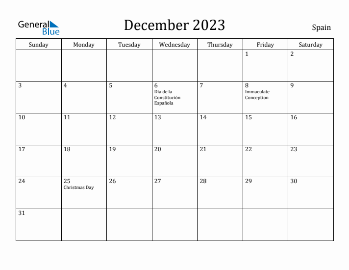 December monthly calendar with spain holidays