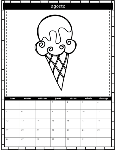 Calendar in spanish for drawings and colouring calendario en espaãol para dibujos y colorear teaching resources