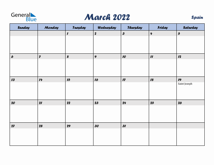 March monthly calendar with spain holidays