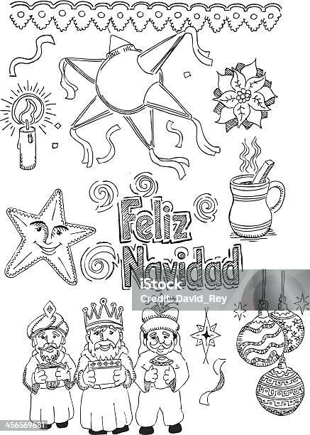 Hand drawn picture of mexican christmas items in spanish stock illustration