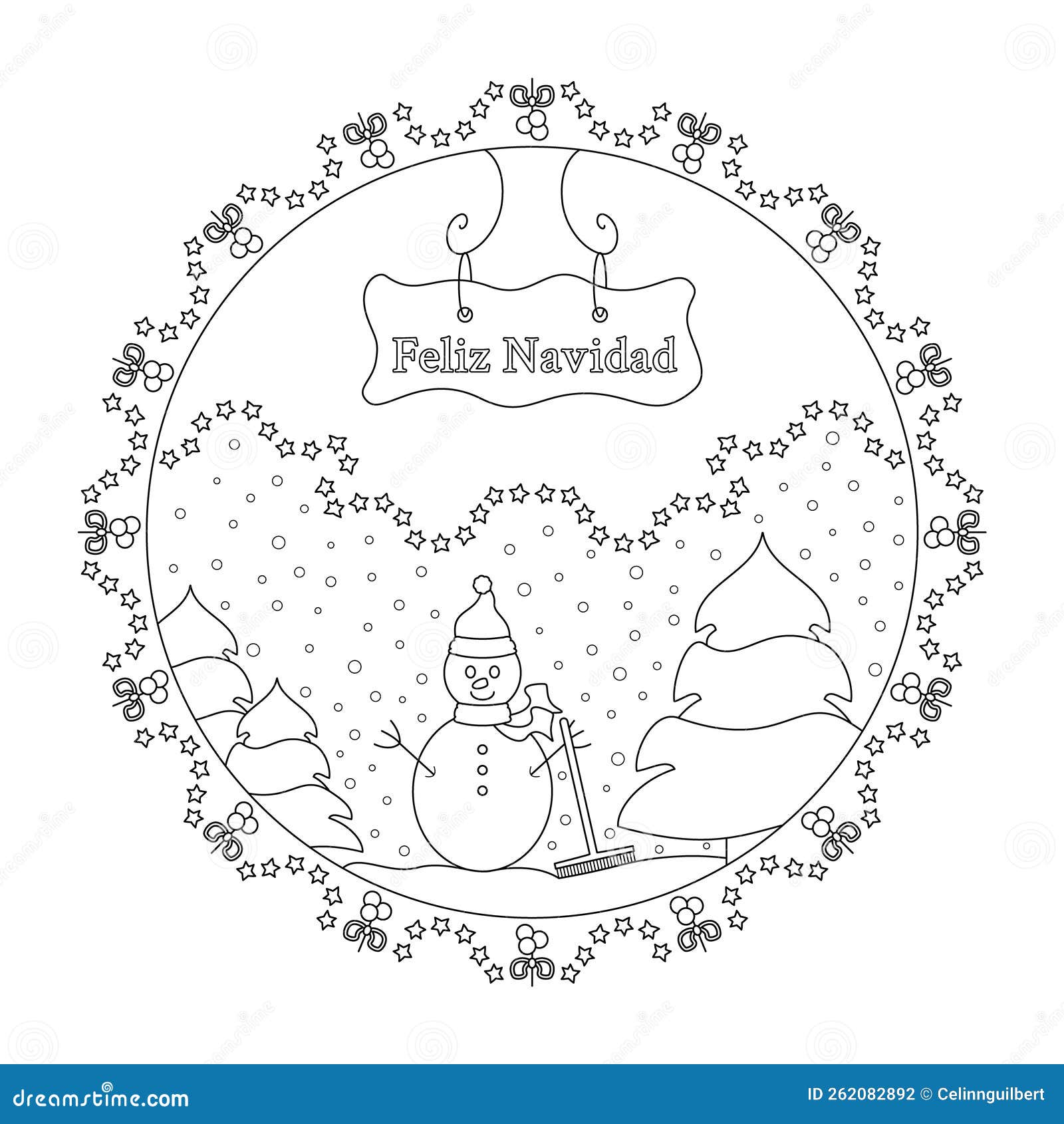 Snowman and fir tree snow falling winter decor christmas mandala coloring page with text merry christmas in spanish stock vector