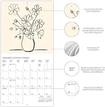 Graphique floral ink wall calendar â x â thick paper home office organizer large monthly grid languages marked holidays month preview