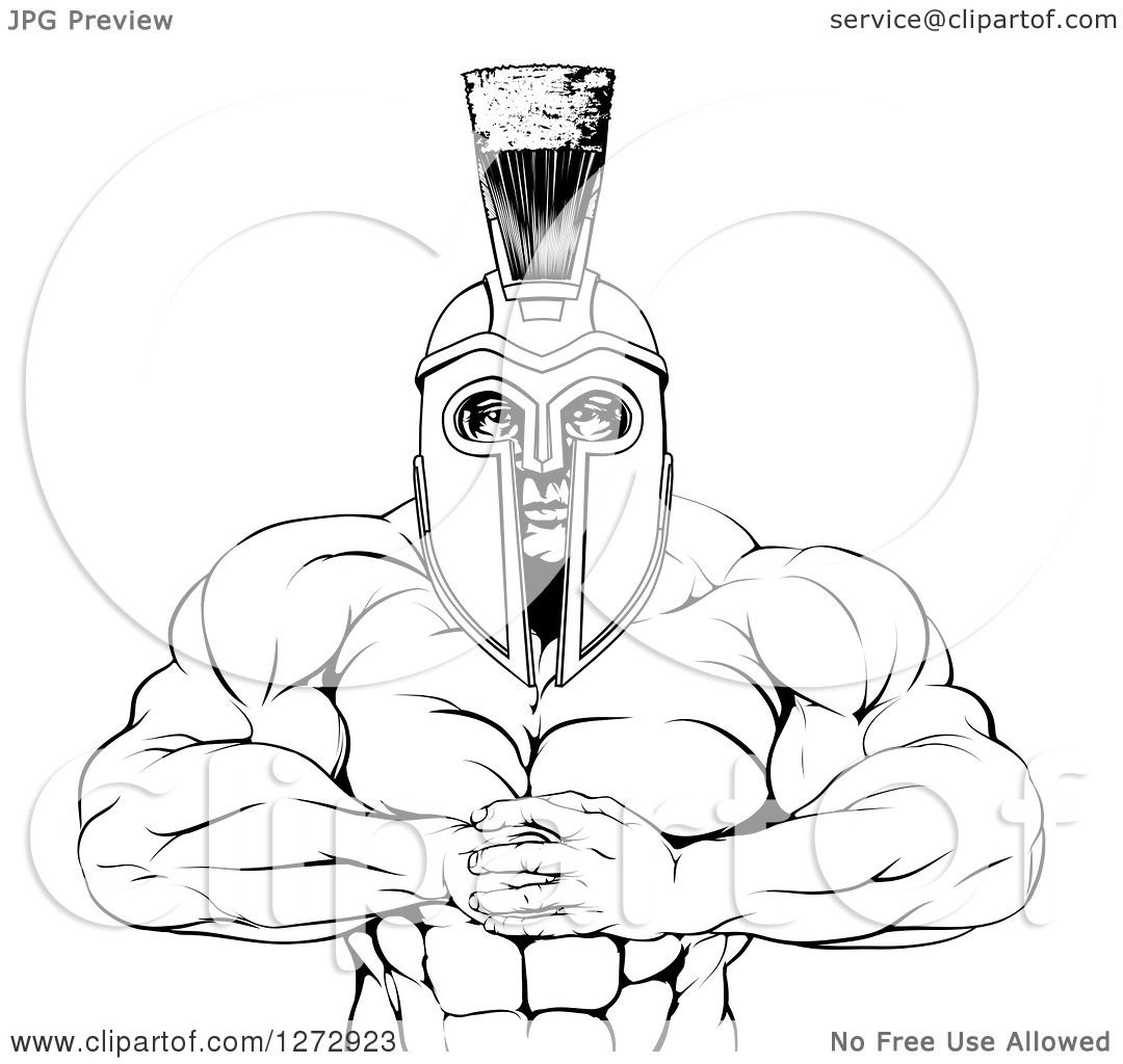 Clipart of a black and white tough muscular spartan warrior man gesturing bring it with his fists