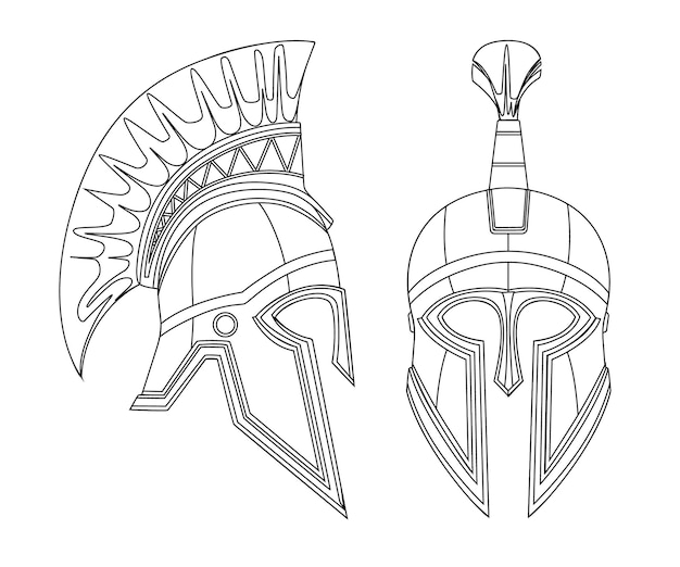 Premium vector greek spartan iron helmet with crest outline armor element design ancient helmet flat vector illustration isolated on white background