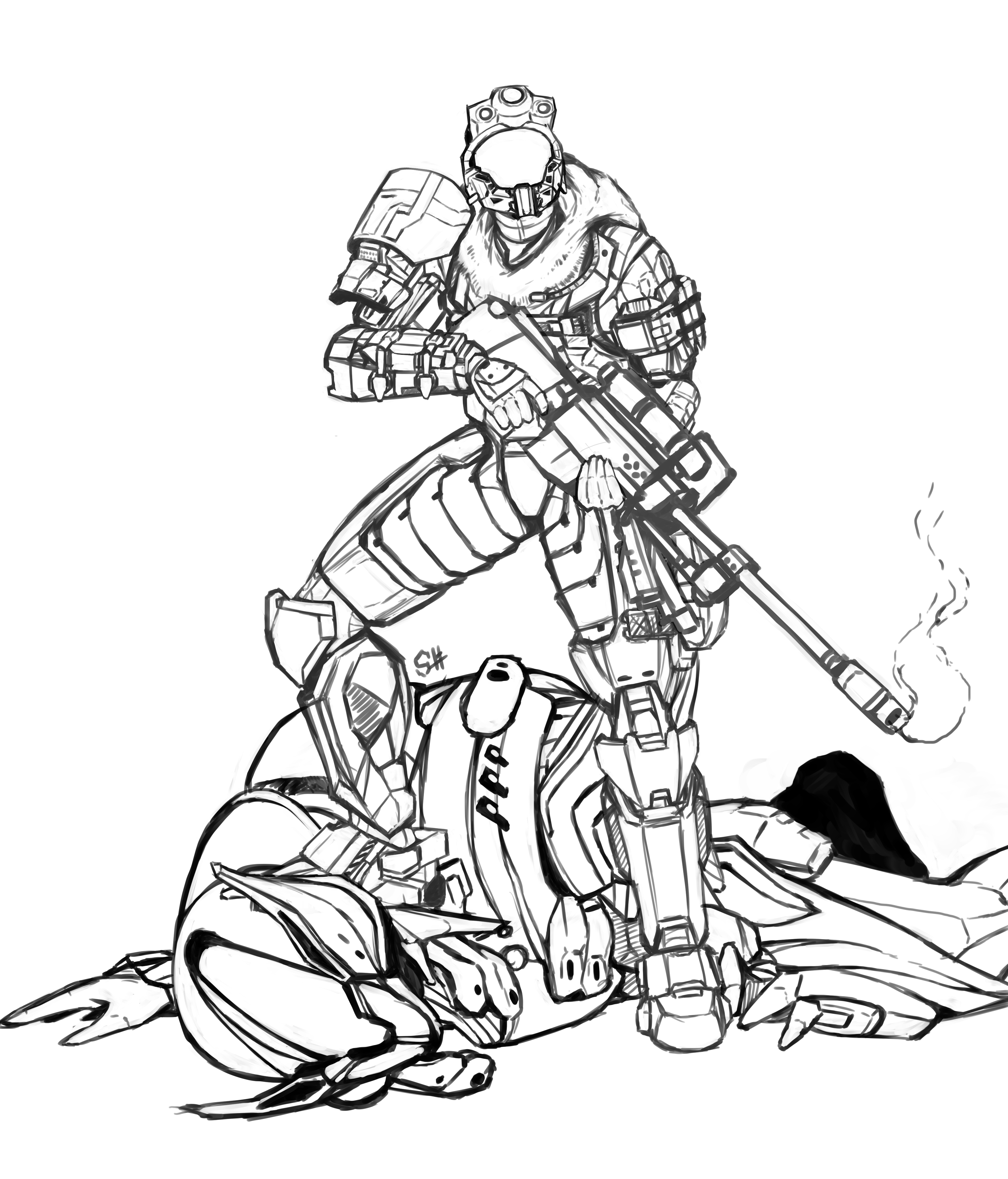 Starting a new mission heres the line art of the piece a badass spartan doing his random badass work rhalo