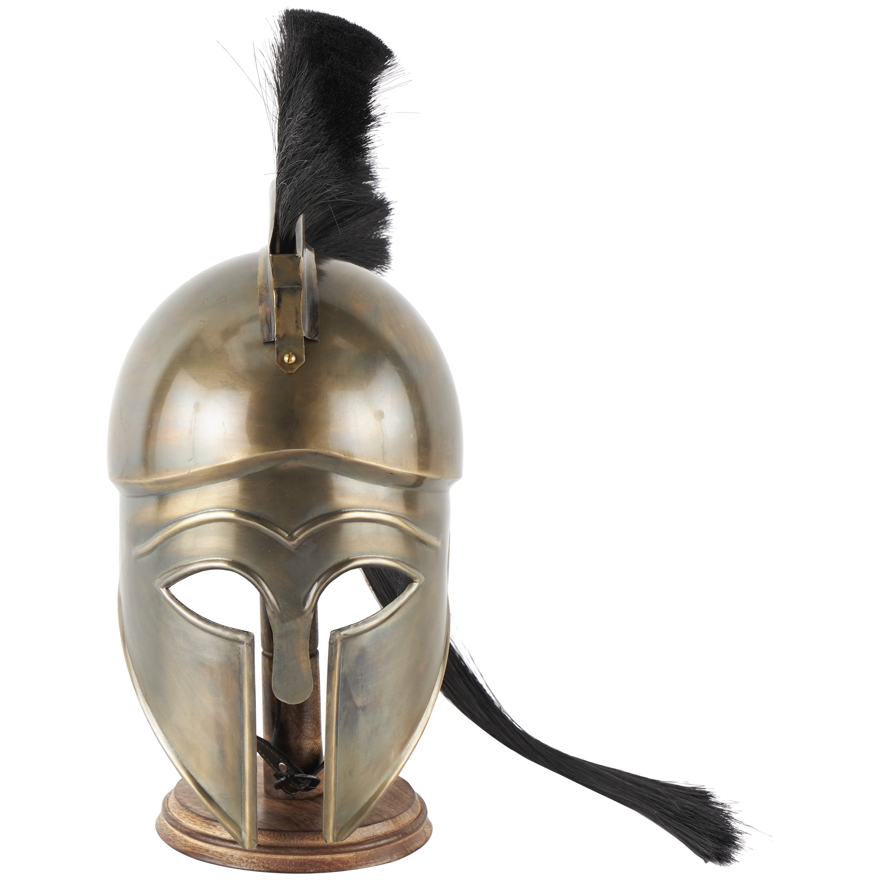 Gold metal replica medieval greek spartan helmet with black wood stand and plume by decmode
