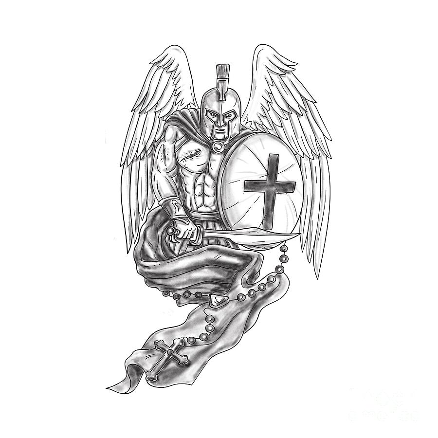 Spartan warrior angel shield rosary tattoo digital art by aloysius patrimonio