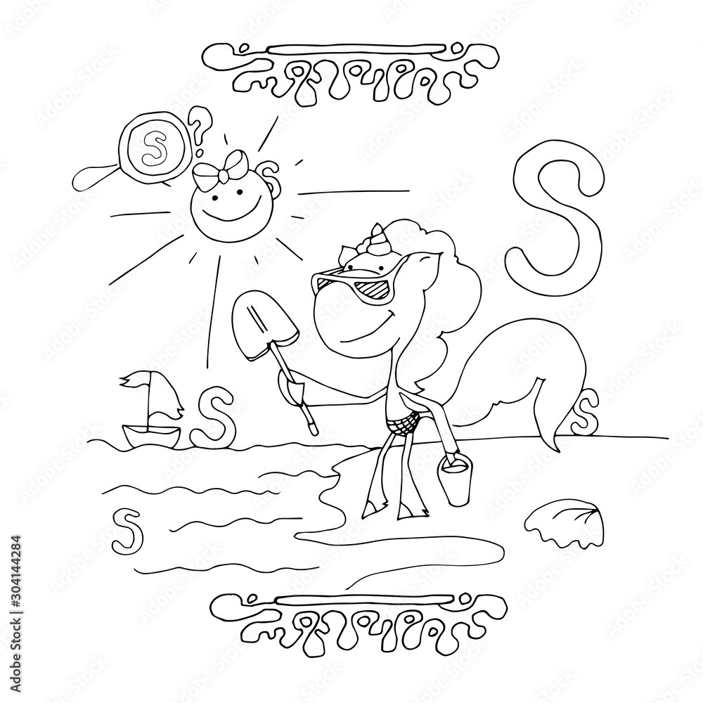 Find letter s funny cartoon unicorn animals alphabet a coloring page printable worksheet unicorns on the beach with a bucket and a spatula ððµðºñðñðñð ððñðµðºñ