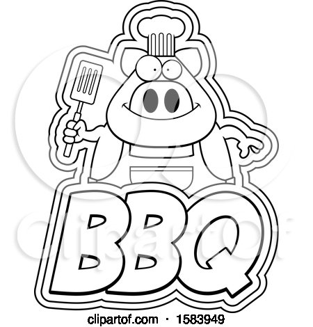 Clipart of a lineart grilling chef pig holding a spatula over bbq text