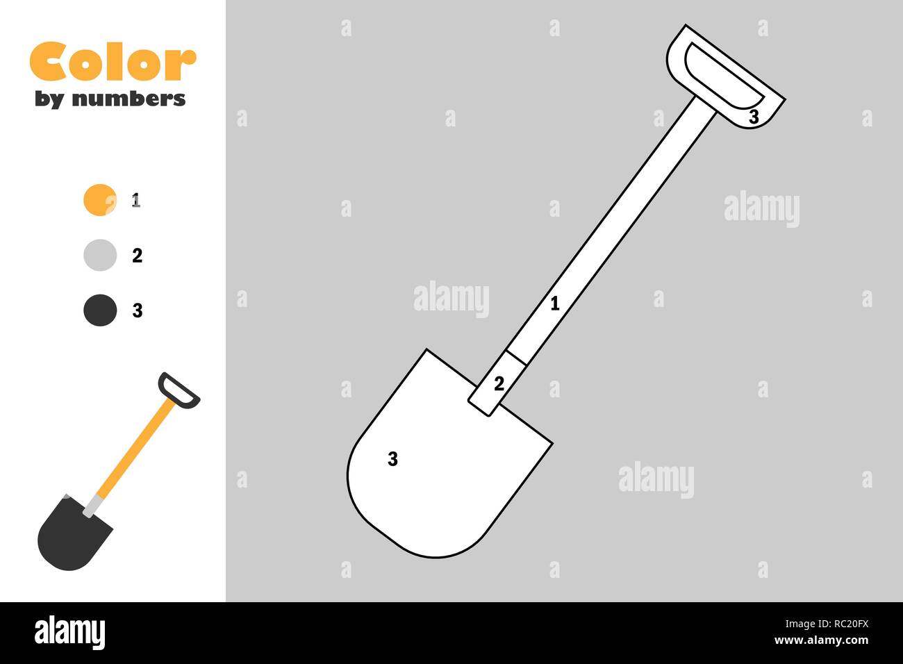 Shovel in cartoon style color by number education paper game for the development of children coloring page kids preschool activity printable worksheet vector illustration stock vector image art