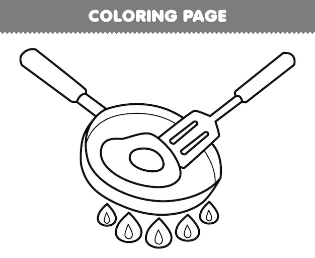 Premium vector education game for children coloring page of cute cartoon frying pan and spatula line art printable tool worksheet