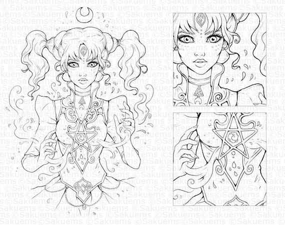 Digital stamp line art coloring page dark witch magician spell sorcerer portrait green yellow black hair beautiful woman by sakuems