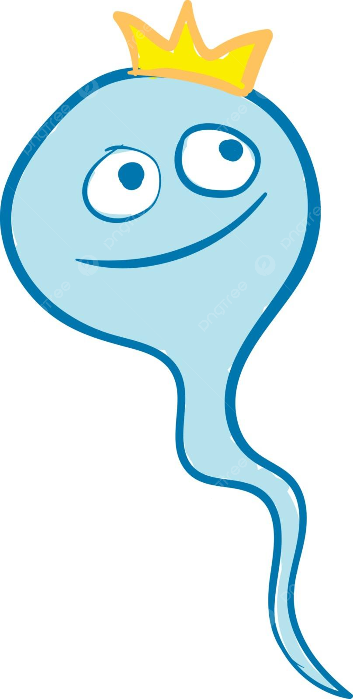 Vector or colored illustration of a blue sperm with a happy expression and a crown emoji vector stage wearing golden png and vector with transparent background for free download