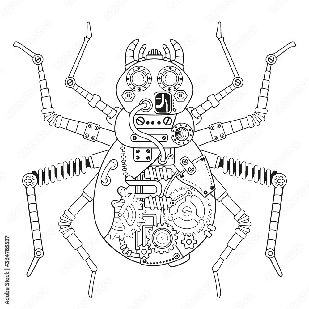 Steampunk vector coloring page vector coloring book for adult for relax and medetation art design of a fictional mechanical spider vector