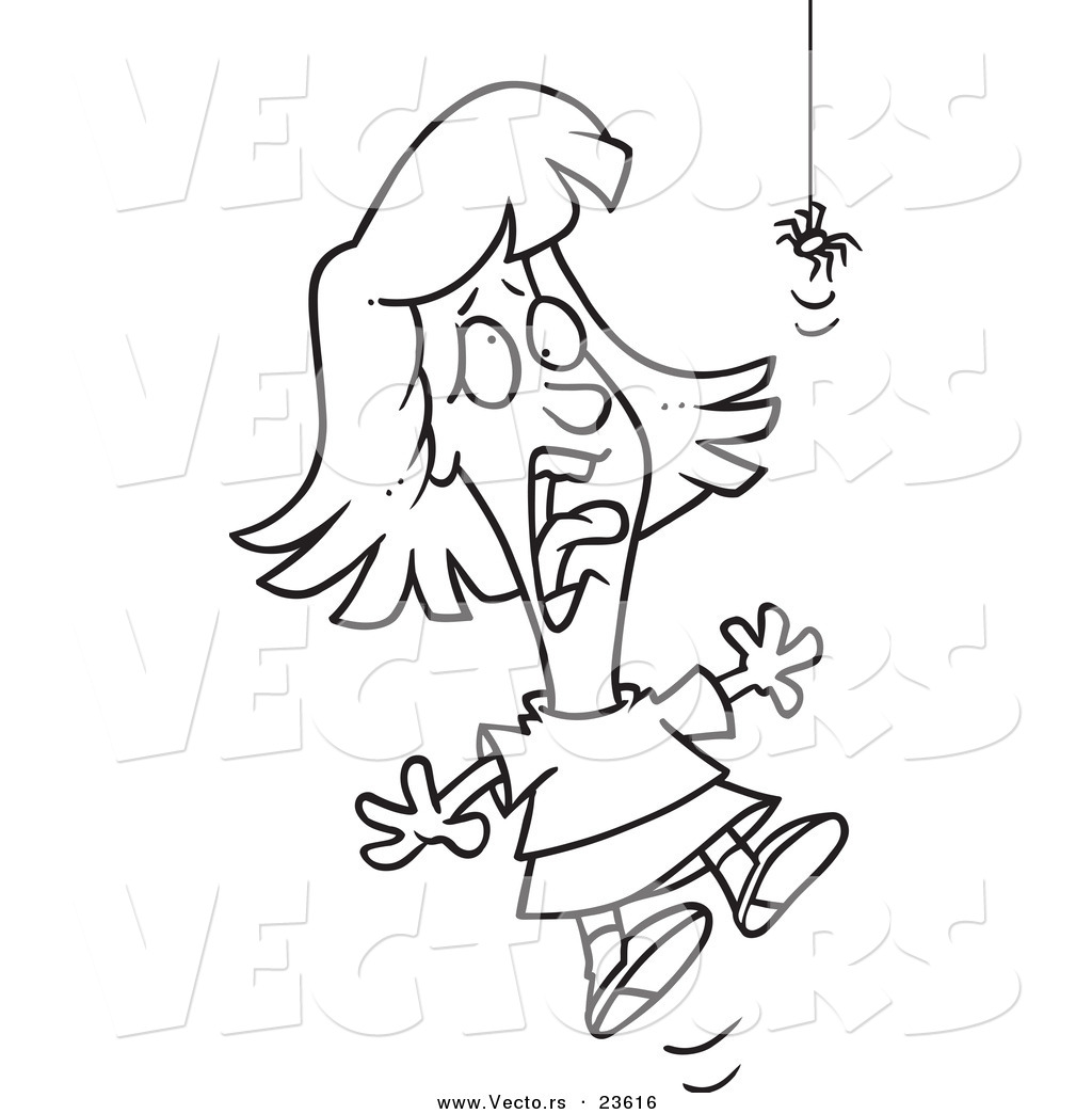 R of a cartoon girl screaming at a spider