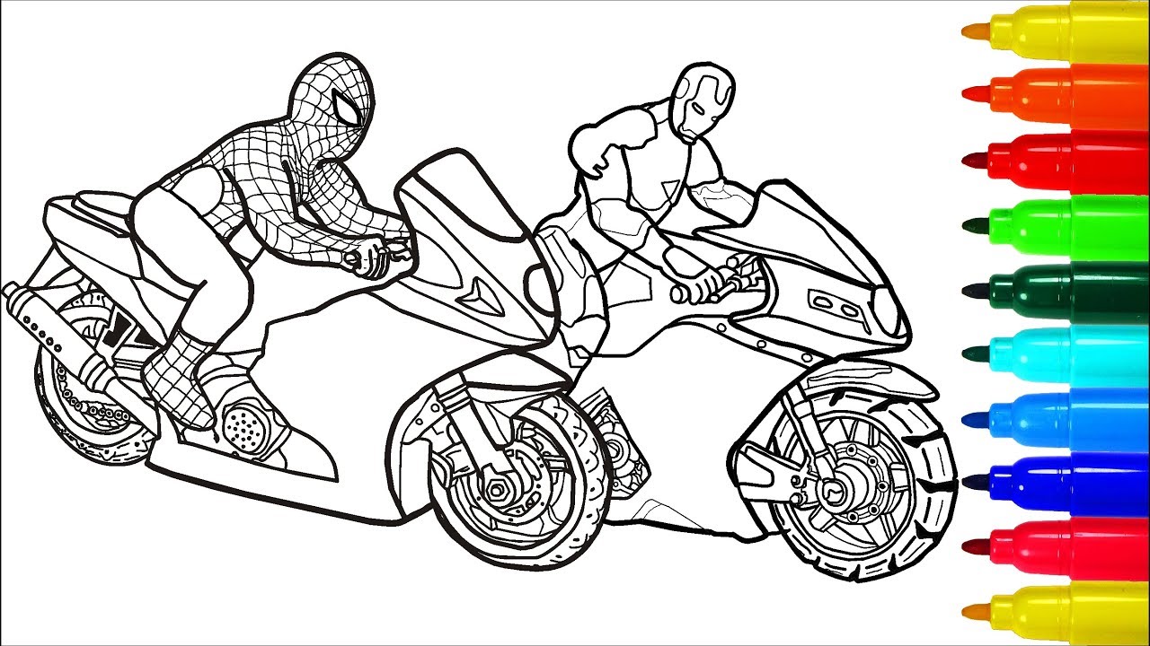 Spideran iron an on otorcycles coloring pages colouring pages for kids with colored arkers