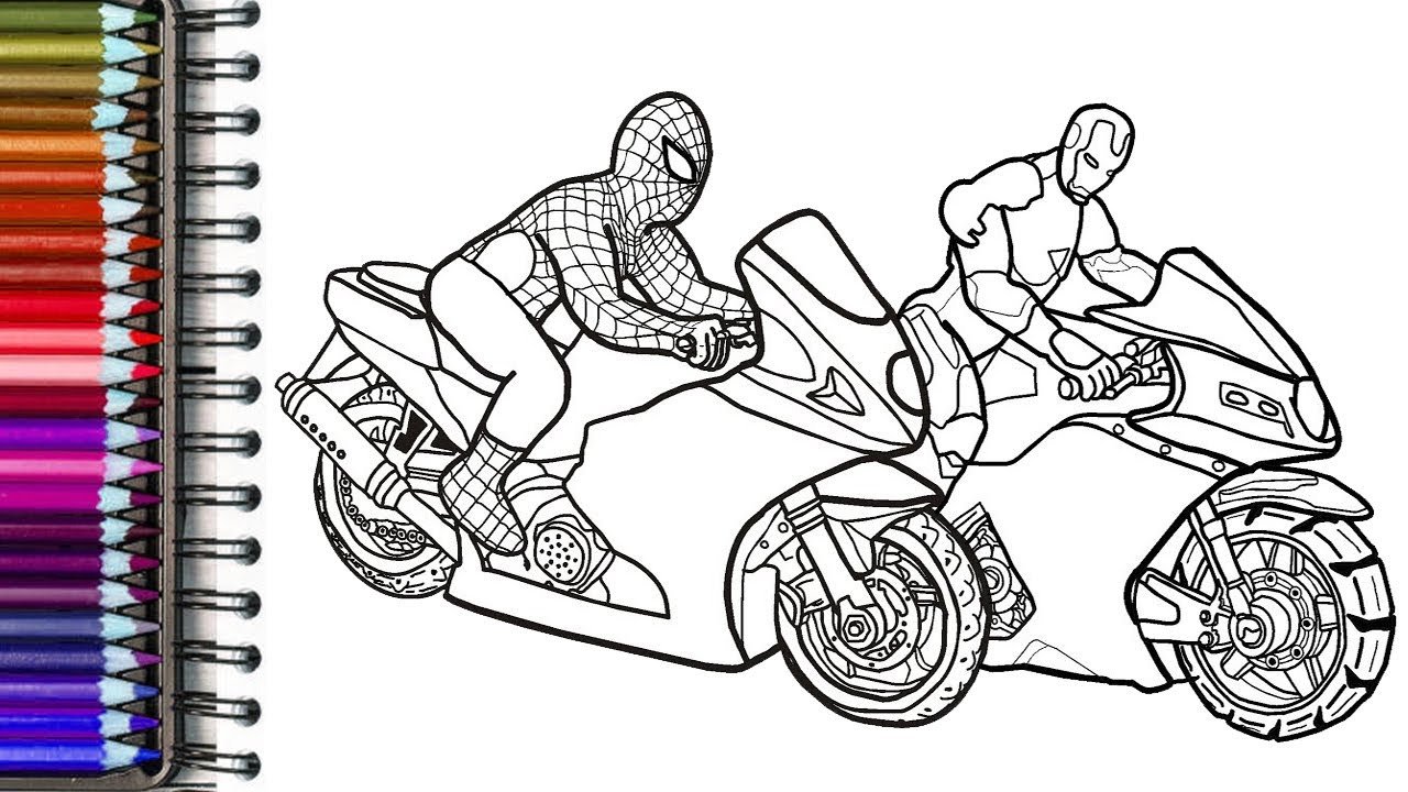 Spiderman and iron man on motorcycles coloring pages