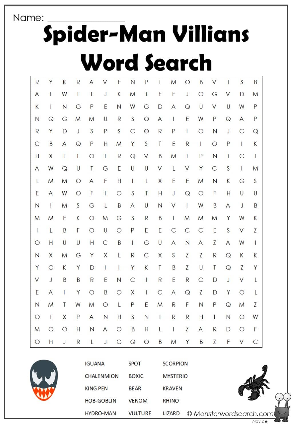 Spider man villians word search