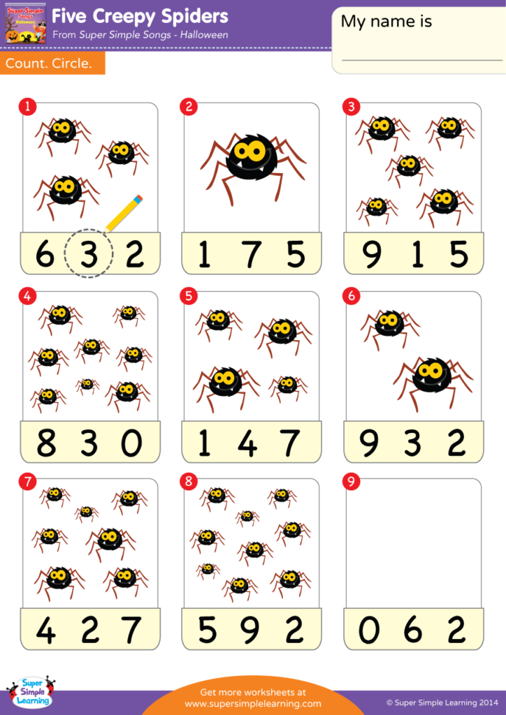 Five creepy spiders worksheet
