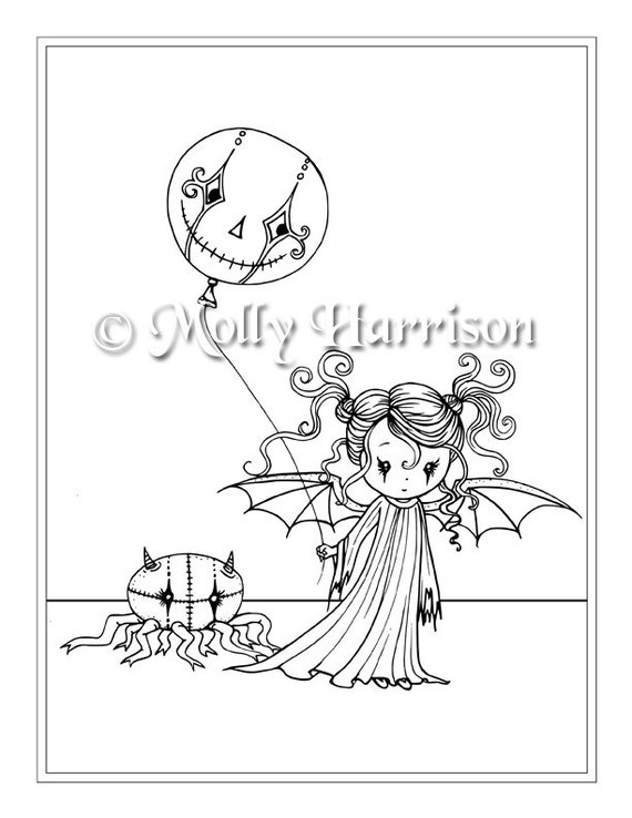 Whimsical spider creature and balloon instant download printable halloween fantasy molly harrison art coloring page jpg x