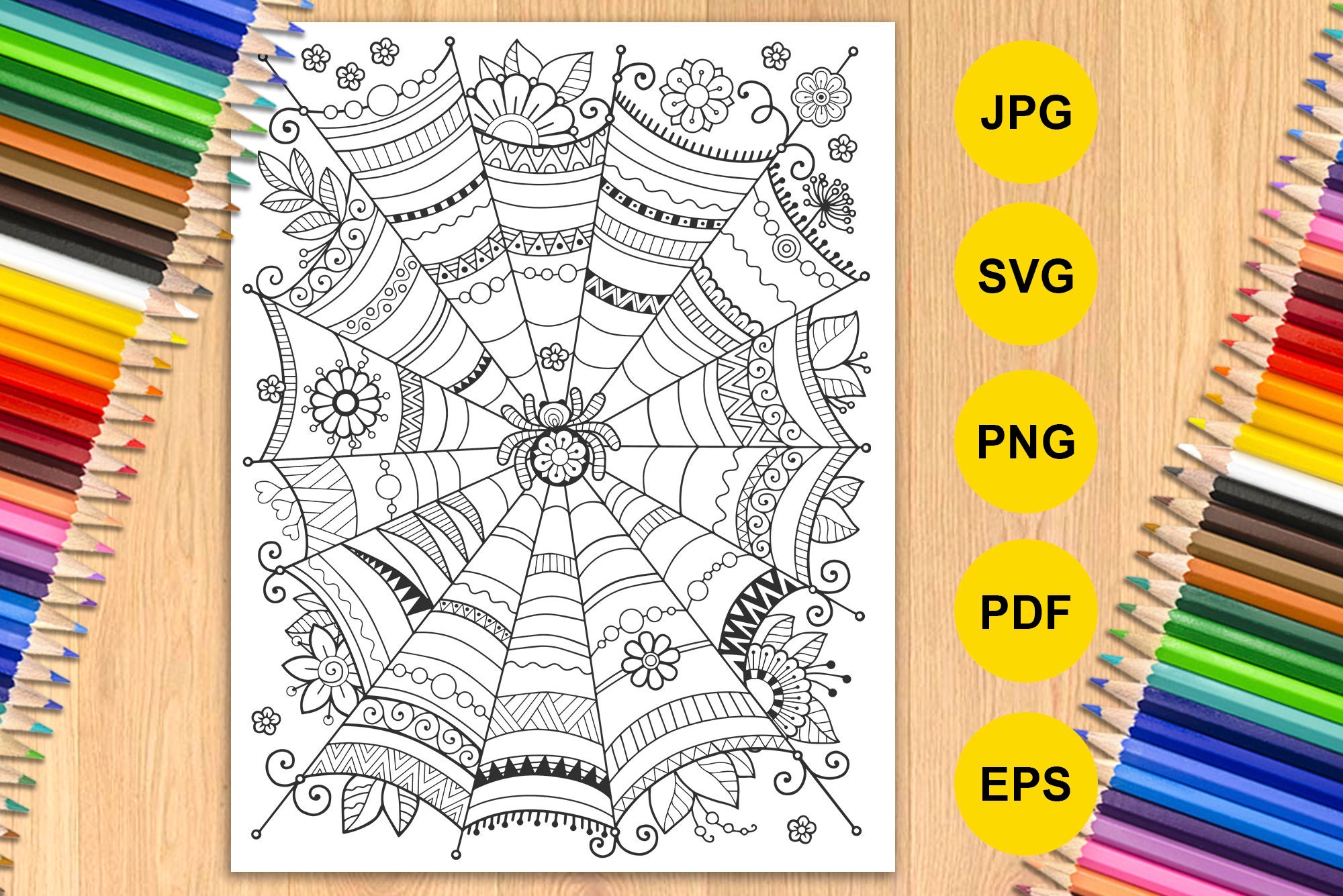 Spider web coloring page for adult printable zentangle coloring for halloween png svg jpeg