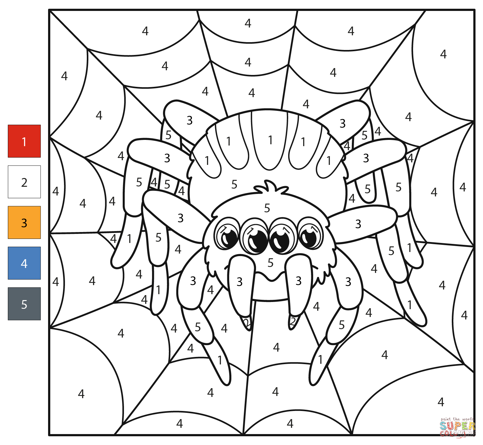 Spider color by number free printable coloring pages