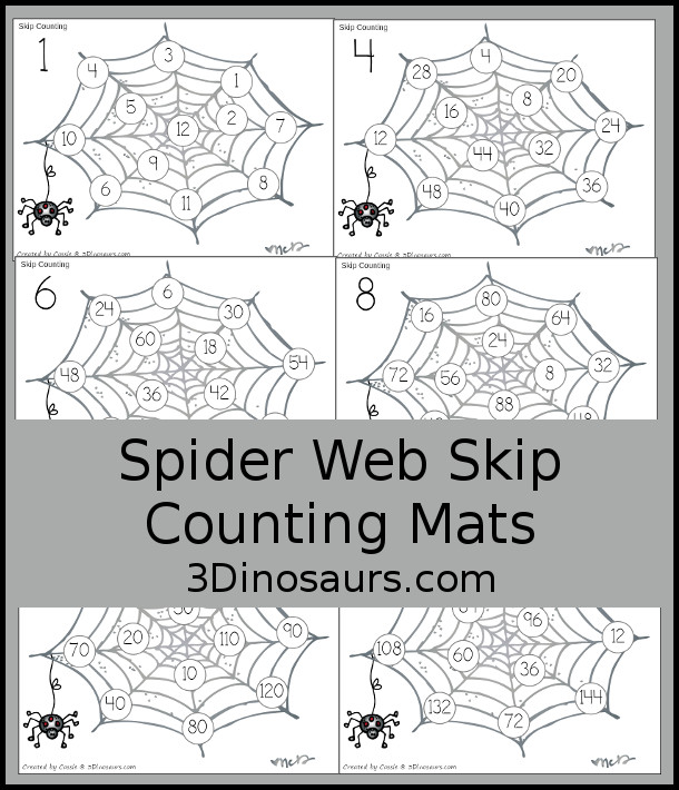 Free spider skip counting mat numbers to dinosaurs