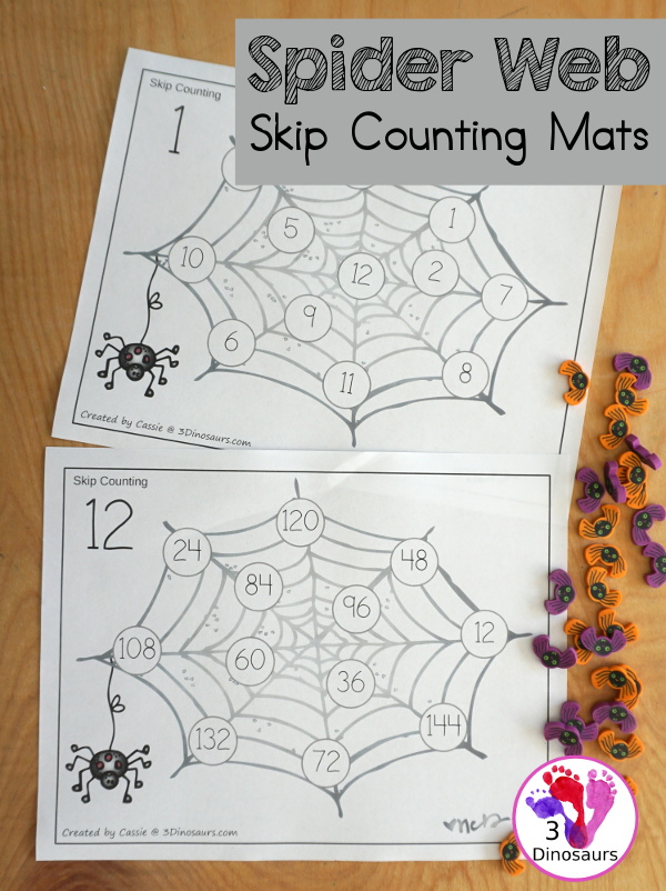 Free spider skip counting mat numbers to dinosaurs