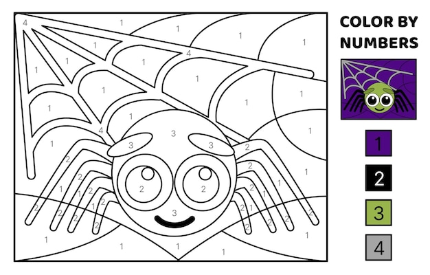 Premium vector spider and web color by number halloween coloring page game for kids cartoon vector isolated vector illustration eps