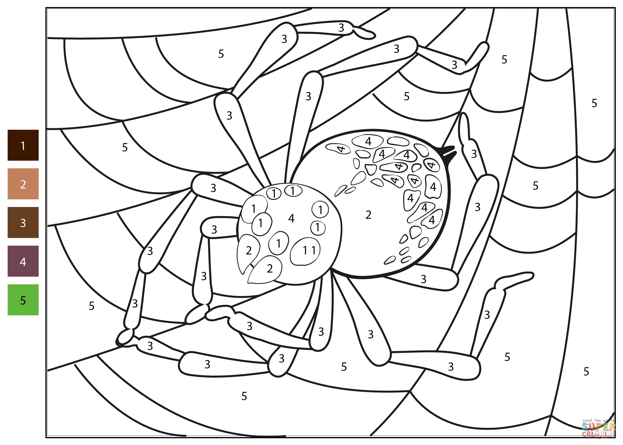 Spider color by number coloring page free printable coloring pages