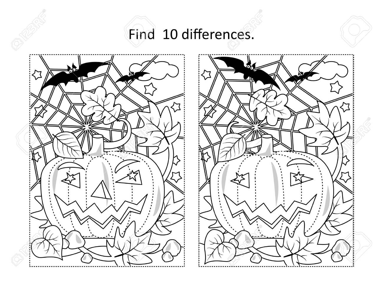 Find differences visual puzzle and coloring page with halloween pumpkin bats spiderweb royalty free svg cliparts vectors and stock illustration image