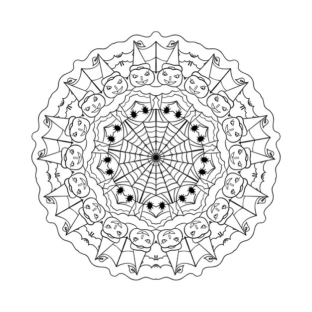 Premium vector halloween mandala on white background round pattern with pumpkins and spider web coloring book page