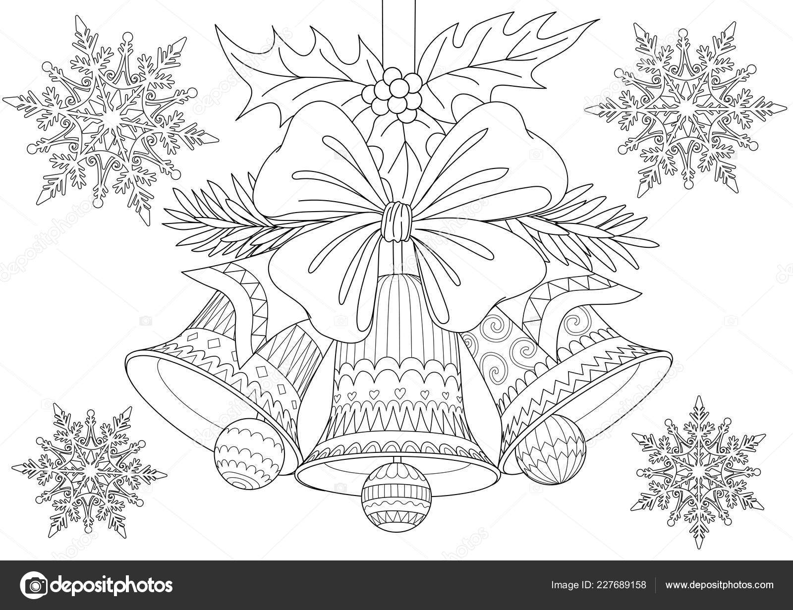 Beautiful christmas bells bow leaves falling snowflakes cards illustration coloring stock vector by somjaicindygmail