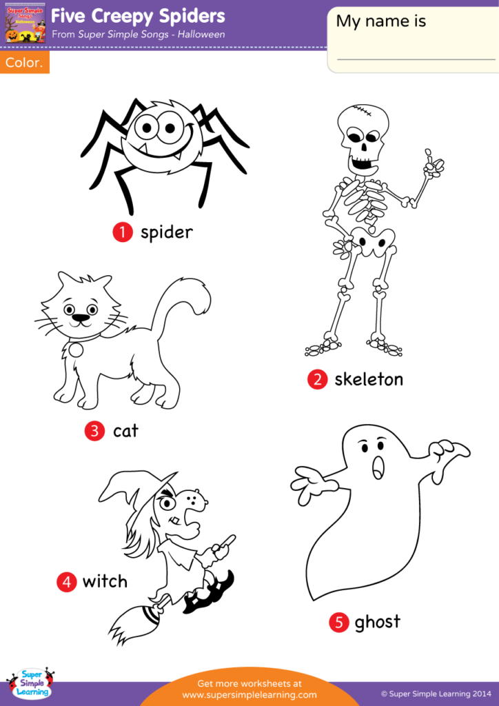 Five creepy spiders worksheet