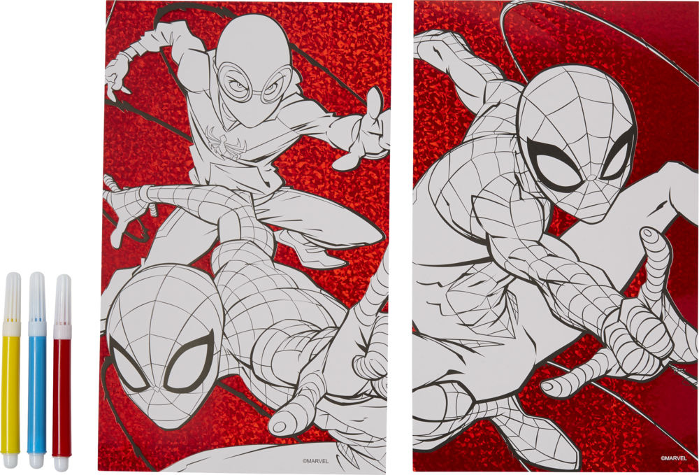 Red metallic spiderman colouring poster with markers